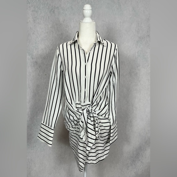 White and black strip button down long sleeve shirt wrap dress linen - Picture 13 of 13